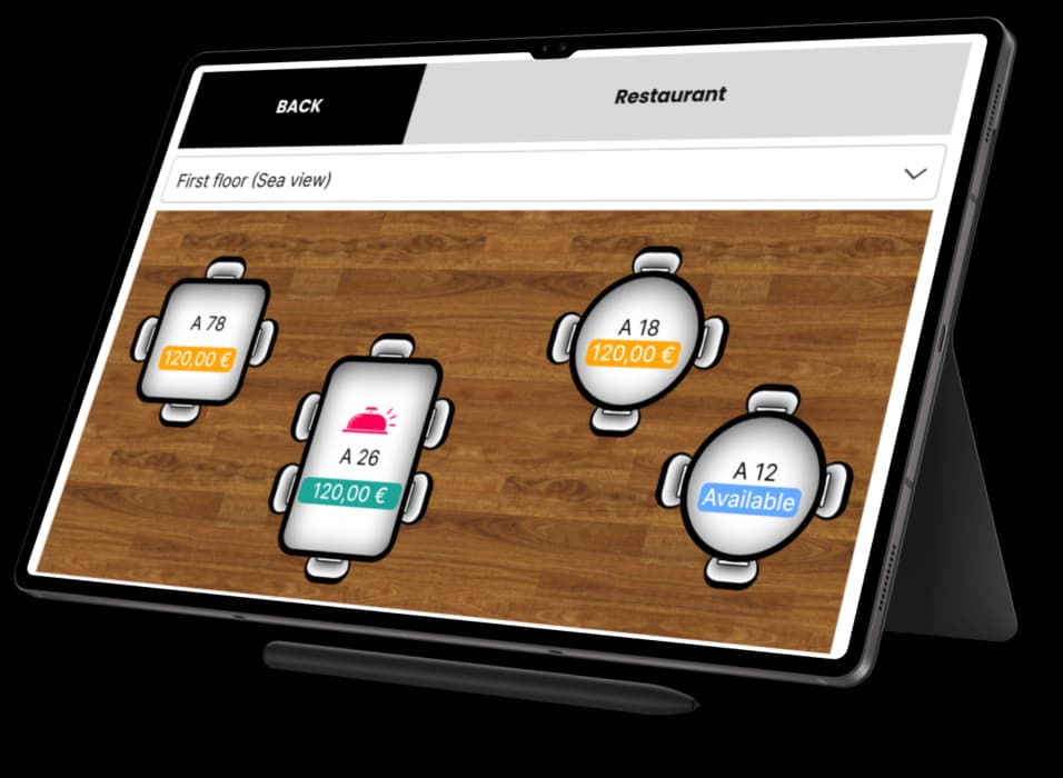 Delivando table management system on tablet showing floor plan