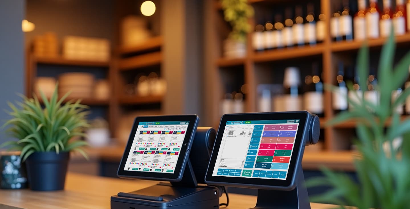 Two Delivando Point of Sale terminals on a wooden counter in a modern store, with a blurred background of a café.